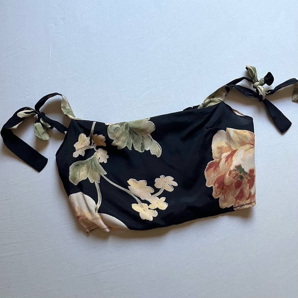 REFORMATION black floral print smocked back viscose off shoulder crop top